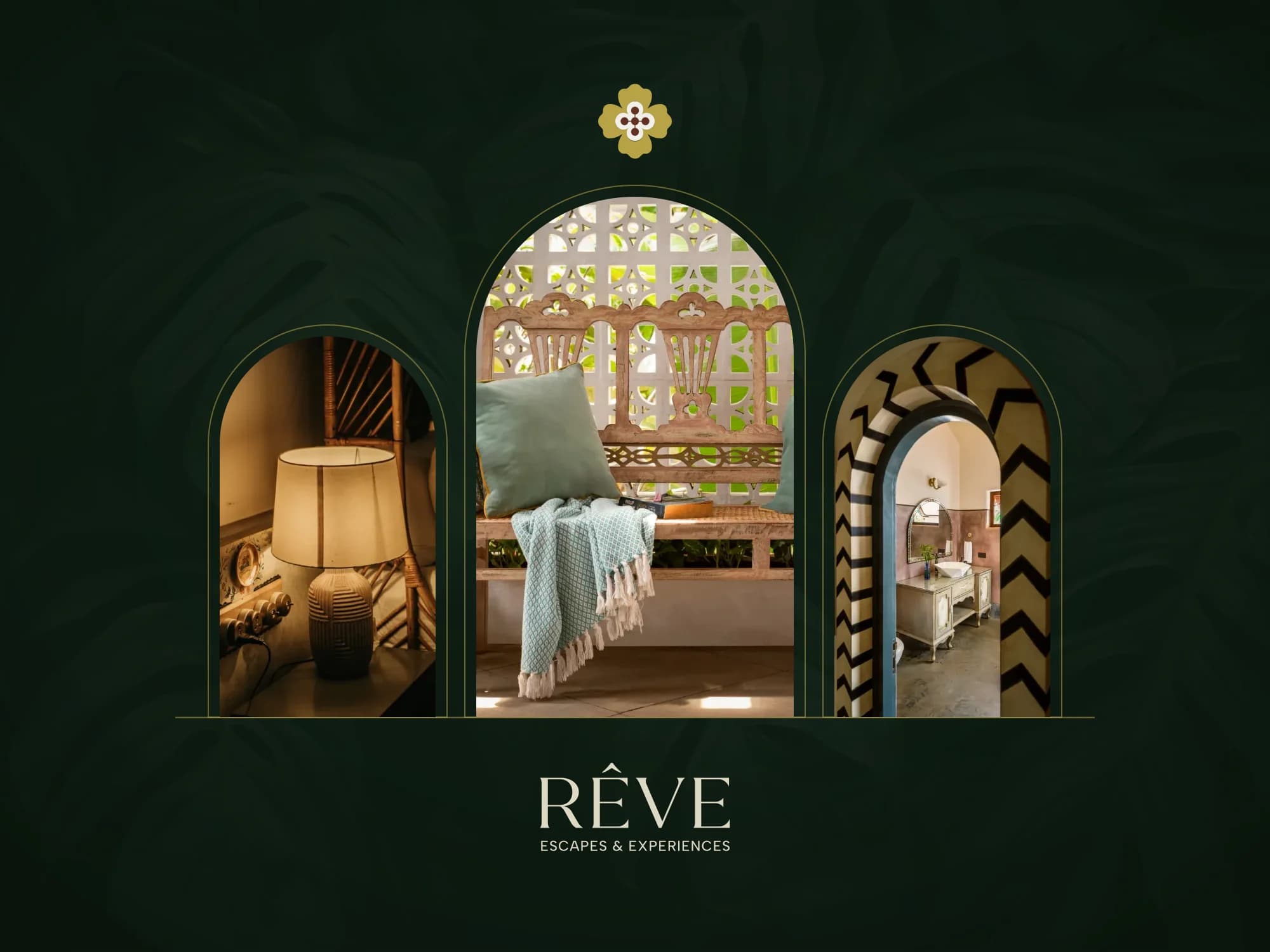 Three arches on deep green opening onto a lamp, a carved bench and a painted doorway, under the Rêve flower